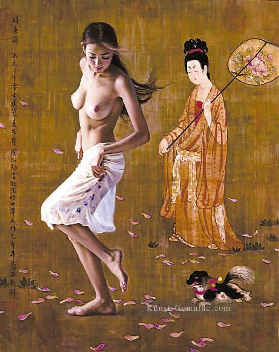 Fallen Blumen chinesischen Mädchen Nude Ölgemälde